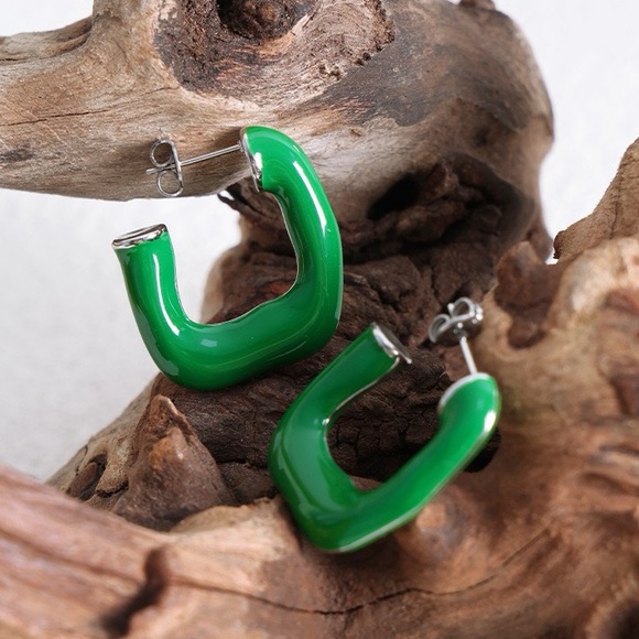 Waterproof Green Square Hoop Earrings*Chunky Hoops*Minimalist*Ml - Picture 4 of 6